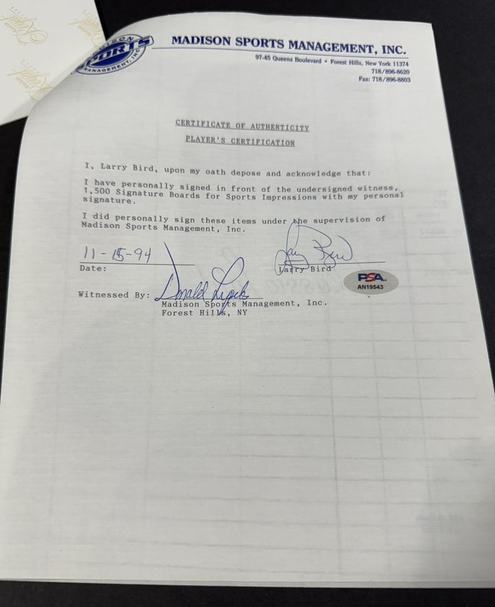 Larry Bird Signed Contract Sports Impressions 1/1 Celtics Mint Auto HOF PSA Coa