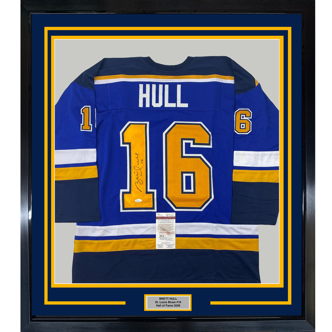 Framed Autographed/Signed Brett Hull 33x42 St. Louis Blue Hockey Jersey JSA COA