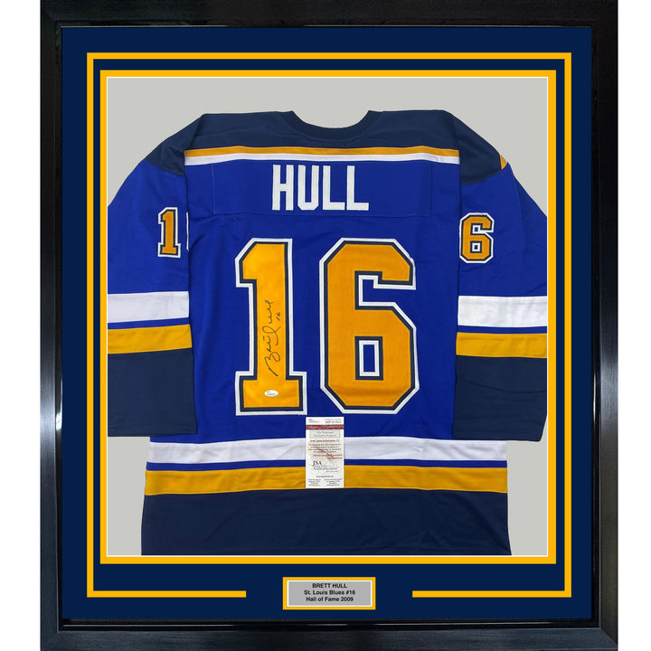 Framed Autographed/Signed Brett Hull 33x42 St. Louis Blue Hockey Jersey JSA COA