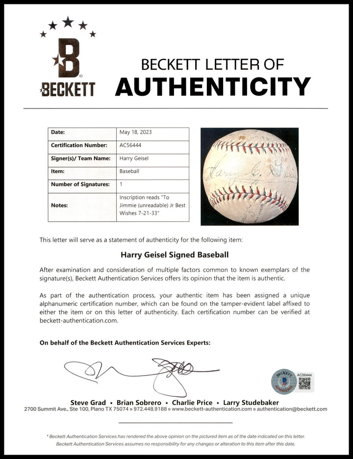 Harry Geisel Signed AL Harridge Baseball MLB Umpire Vintage 1932 Signature