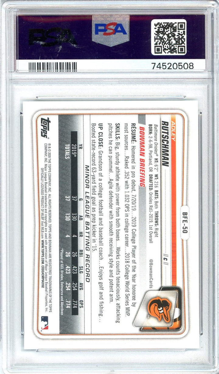Graded 2020 Topps Bowman Adley Rutschman #BFE50 Sky Blue Baseball Card PSA 10