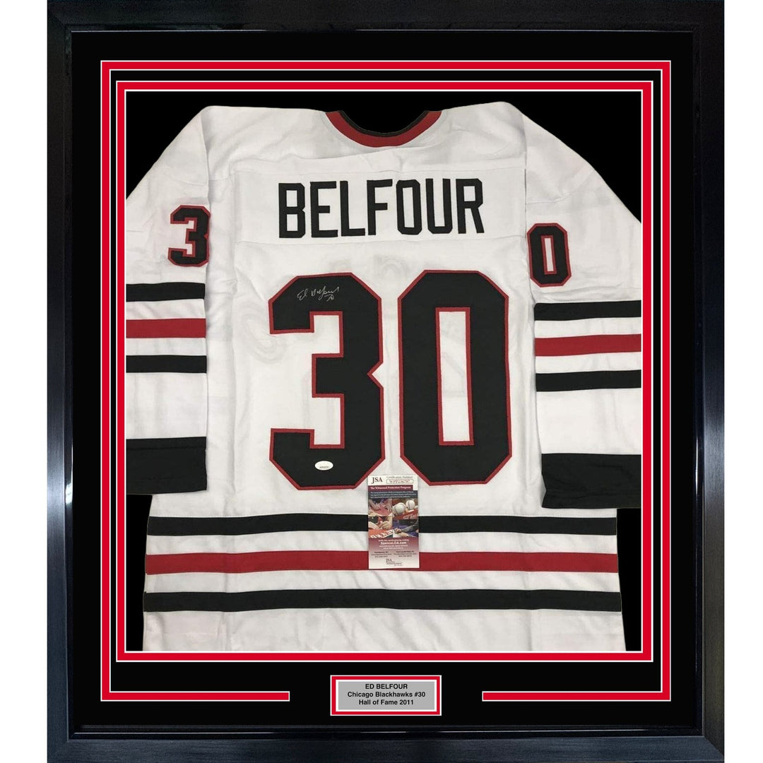 FRAMED Autographed/Signed ED BELFOUR 33x42 Chicago White Jersey JSA COA