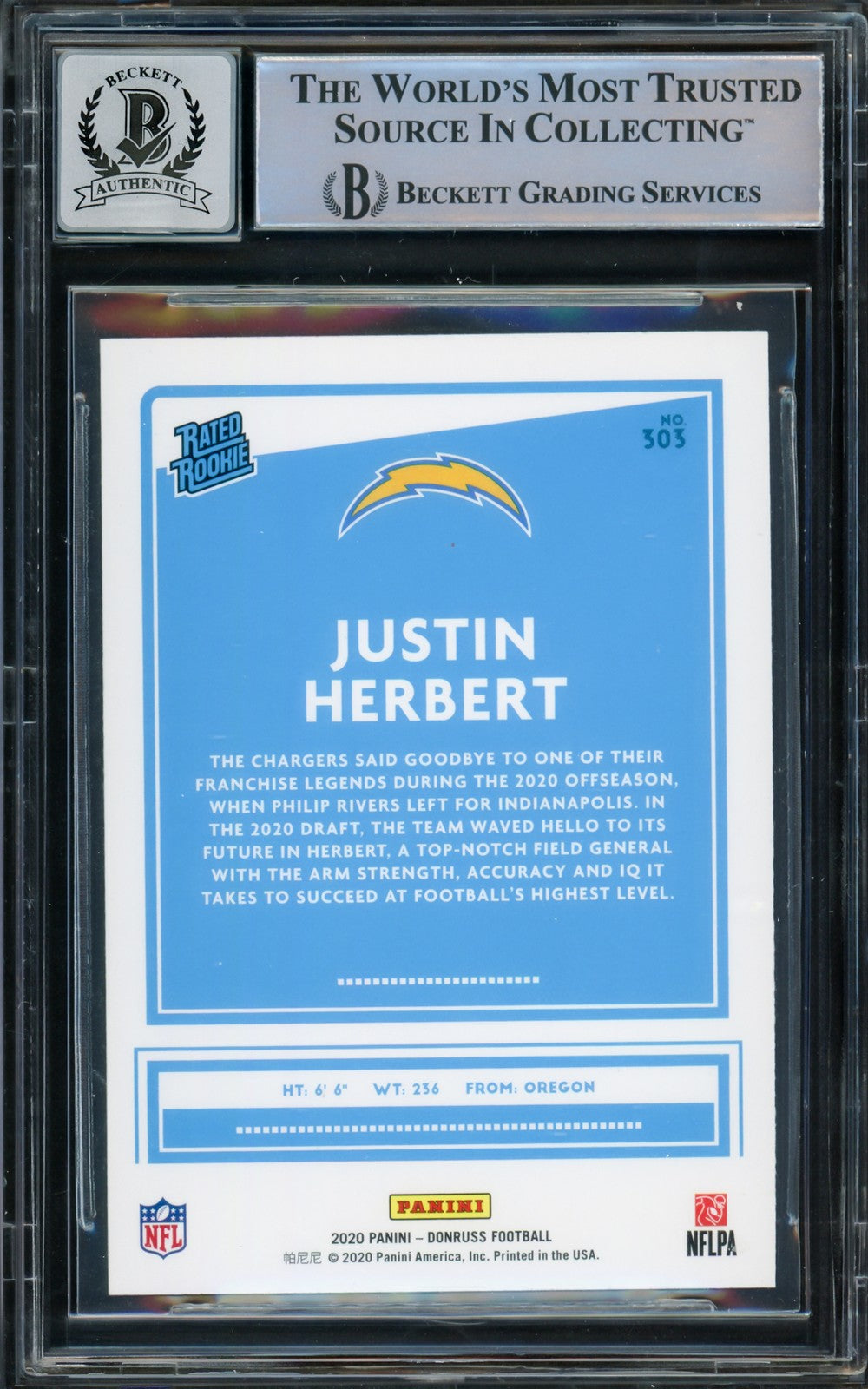 Justin Herbert Signed 2020 Panini Donruss Rated Yellow RC 303 Sig 10 Beckett