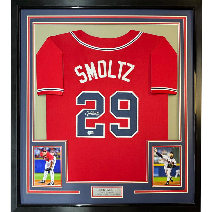 Framed Autographed/Signed John Smoltz 35x39 Atlanta Red Jersey Beckett BAS COA