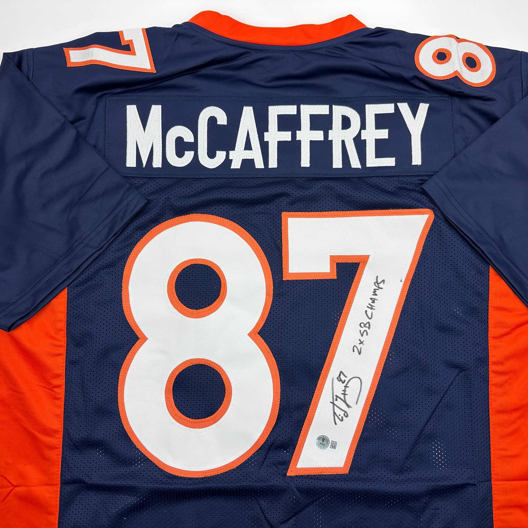 Autographed/Signed Ed McCaffrey 2x SB Champs Denver Blue Jersey Beckett BAS COA