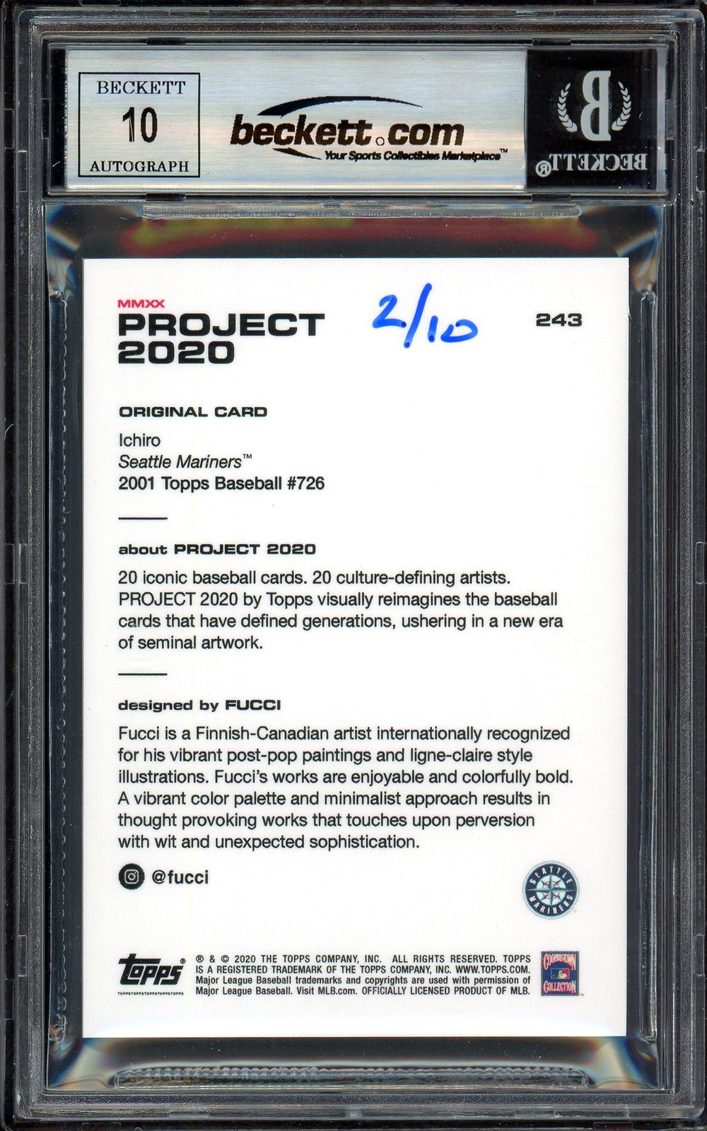Ichiro Suzuki Auto Topps Project 2020 Fucci Card 243 Mariners Sig 10 /10 Beckett
