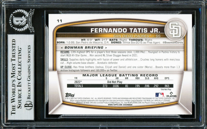 Fernando Tatis Jr. Signed 2023 Bowman Card 11 San Diego Padres Beckett