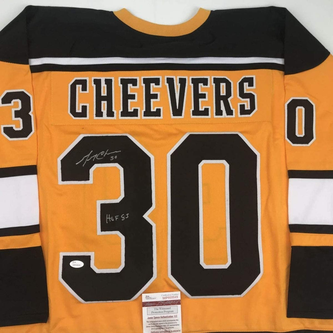 Autographed/Signed Gerry Cheevers HOF 85 Boston Yellow Jersey JSA COA