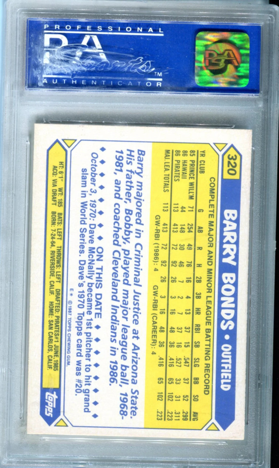 Barry Bonds 1987 Topps Tiffany Card PSA 8 (NM-MT OC)