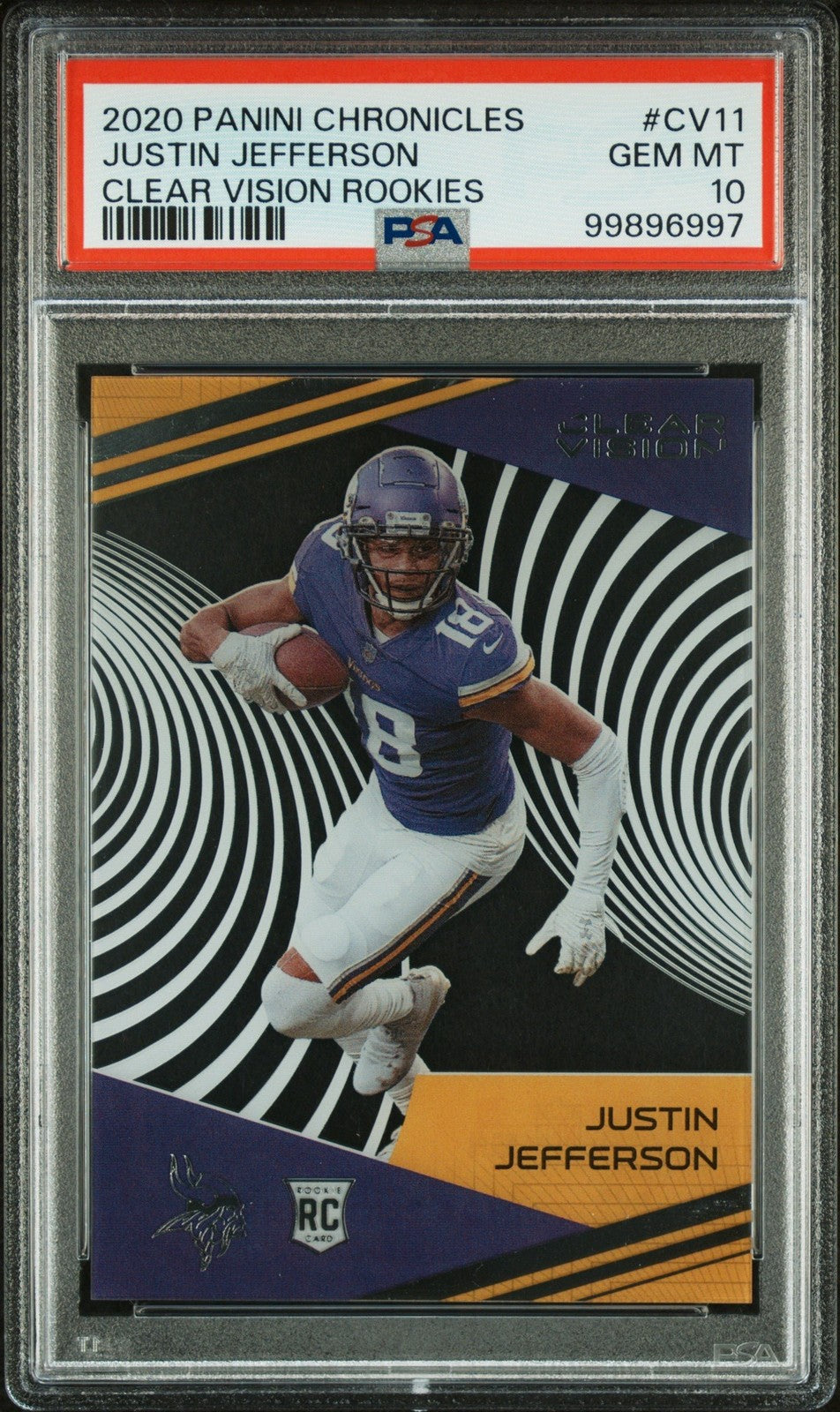 Graded 2020 Chronicles Justin Jefferson #CV11 Clear Vision RC Card PSA 10