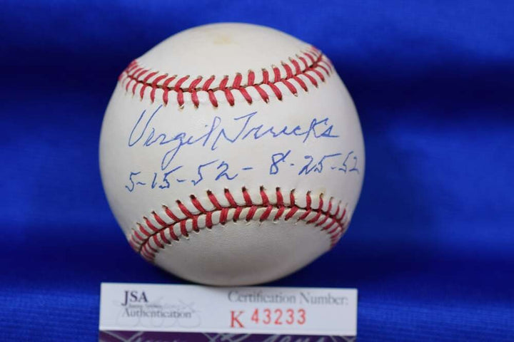 Virgil Trucks JSA  American League OAL Signed Baseball 5-15-52 8-25-52