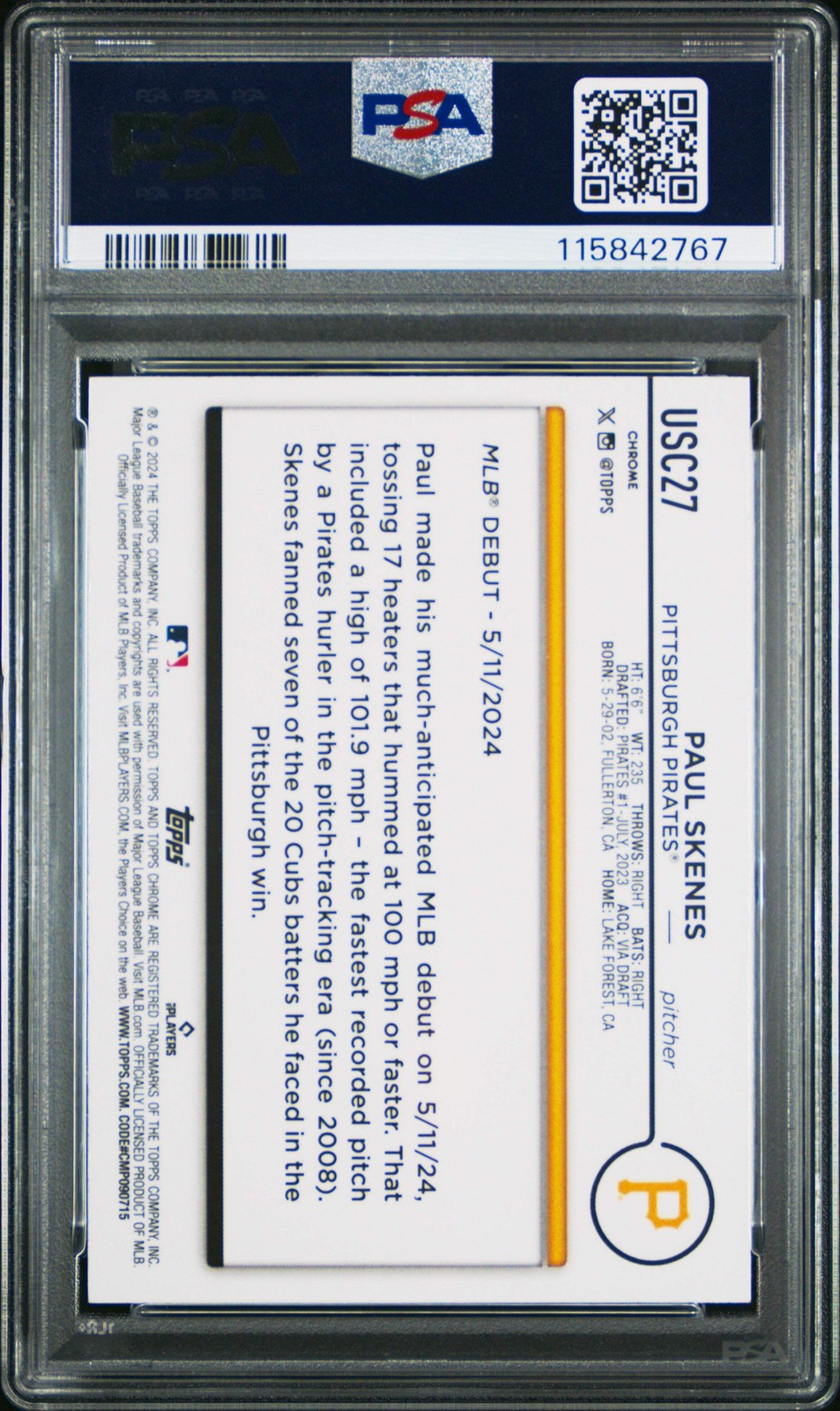 Graded 2024 Topps Chrome UPD Paul Skenes #USC27 XFractor RC Baseball Card PSA 10