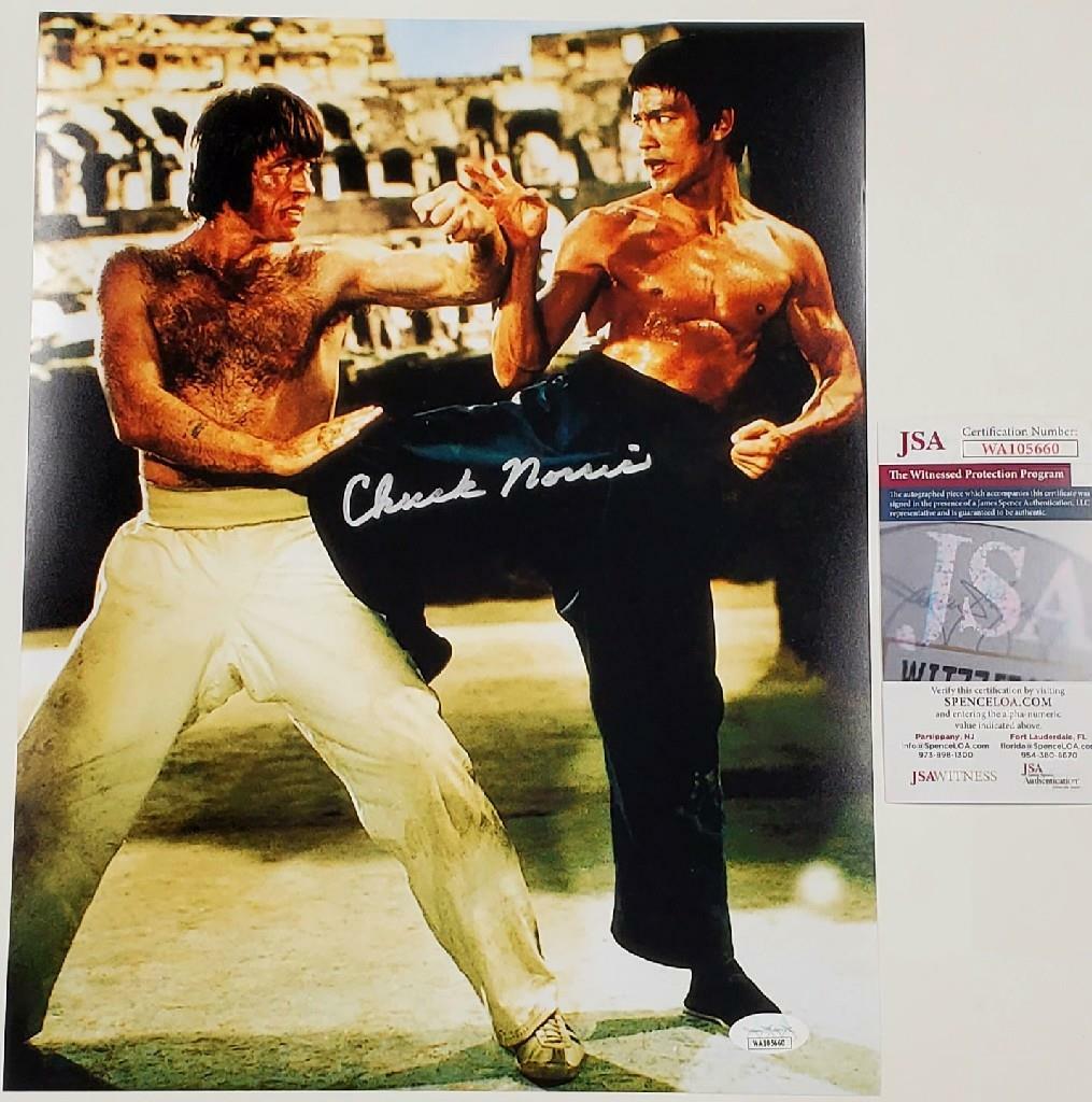 Chuck Norris signed Return of the Dragon 11x14 Bruce Lee photo JSA Witness COA