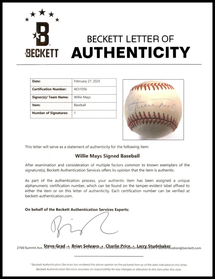 Willie Mays Signed NL Baseball San Francisco Giants Beckett #AE31056