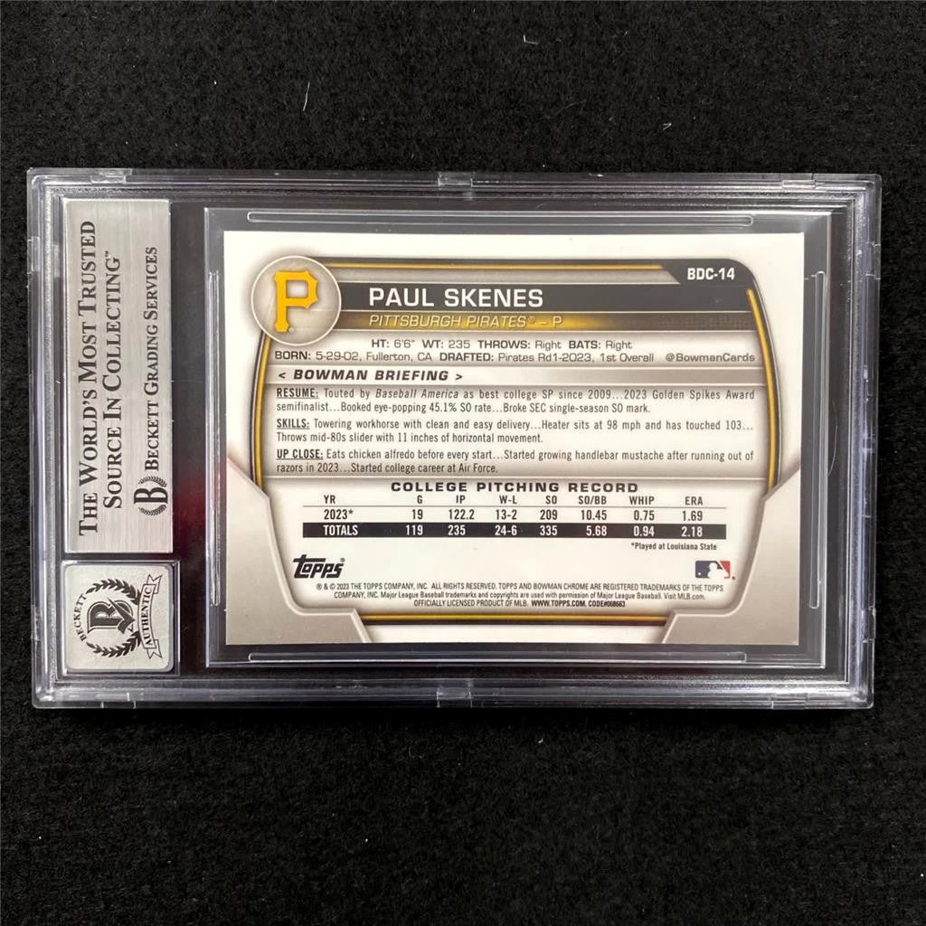 Paul Skenes signed 2023 Bowman Chrome Draft 1st rookie card Beckett BAS 10 Auto