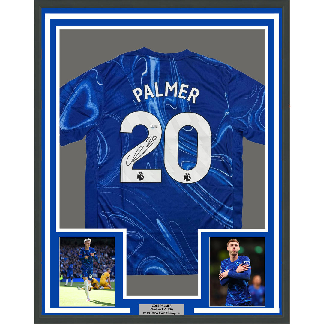Framed Autographed/Signed Cole Palmer 35x39 Chelsea Blue Jersey Beckett BAS COA