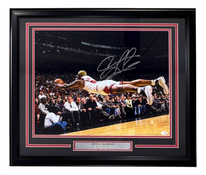Dennis Rodman Signed Framed 16x20 Chicago Bulls Dive Photo JSA QR