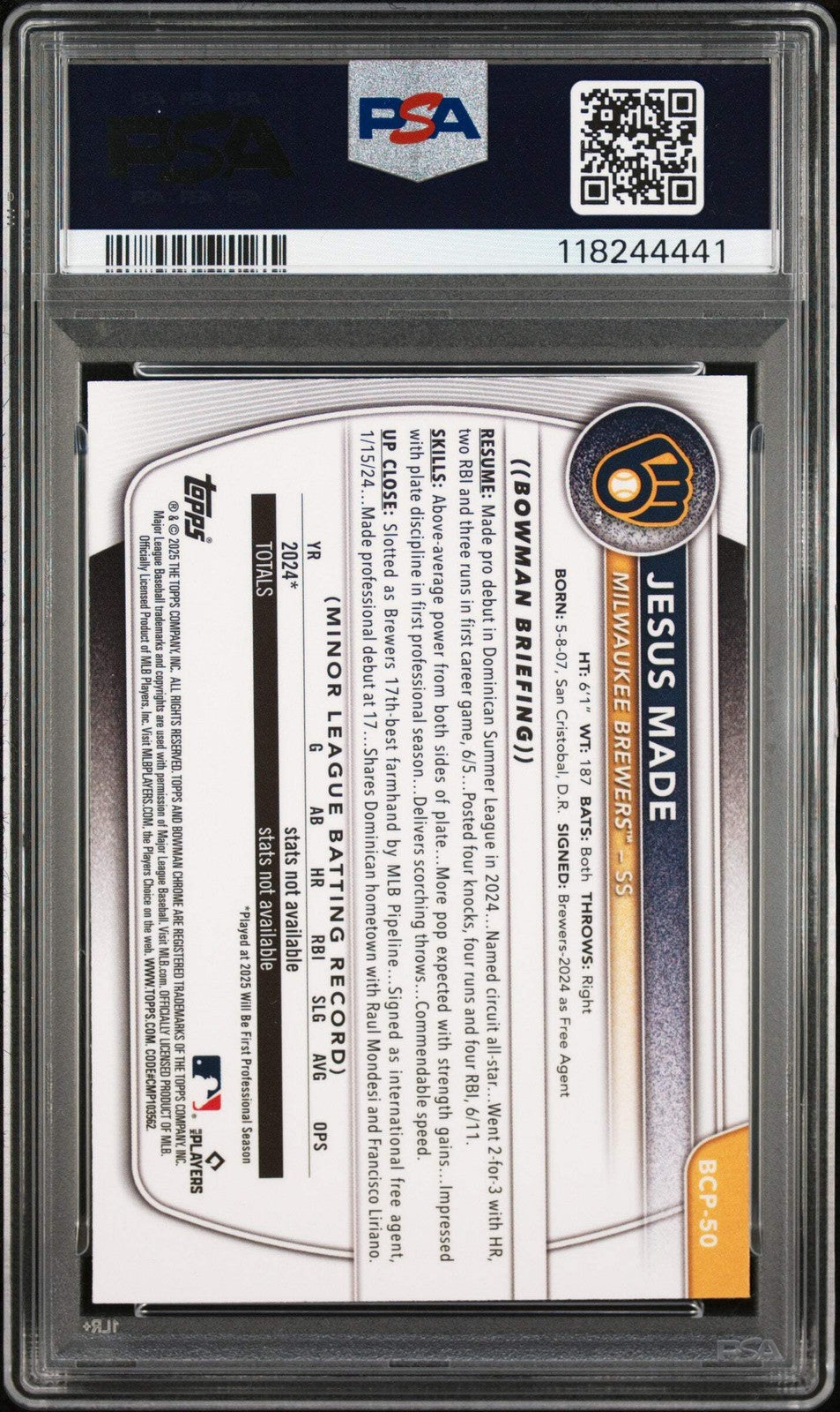 Graded 2025 Topps Bowman Mega Box Jesus Made #50 Rookie RC Baseball Card PSA 10