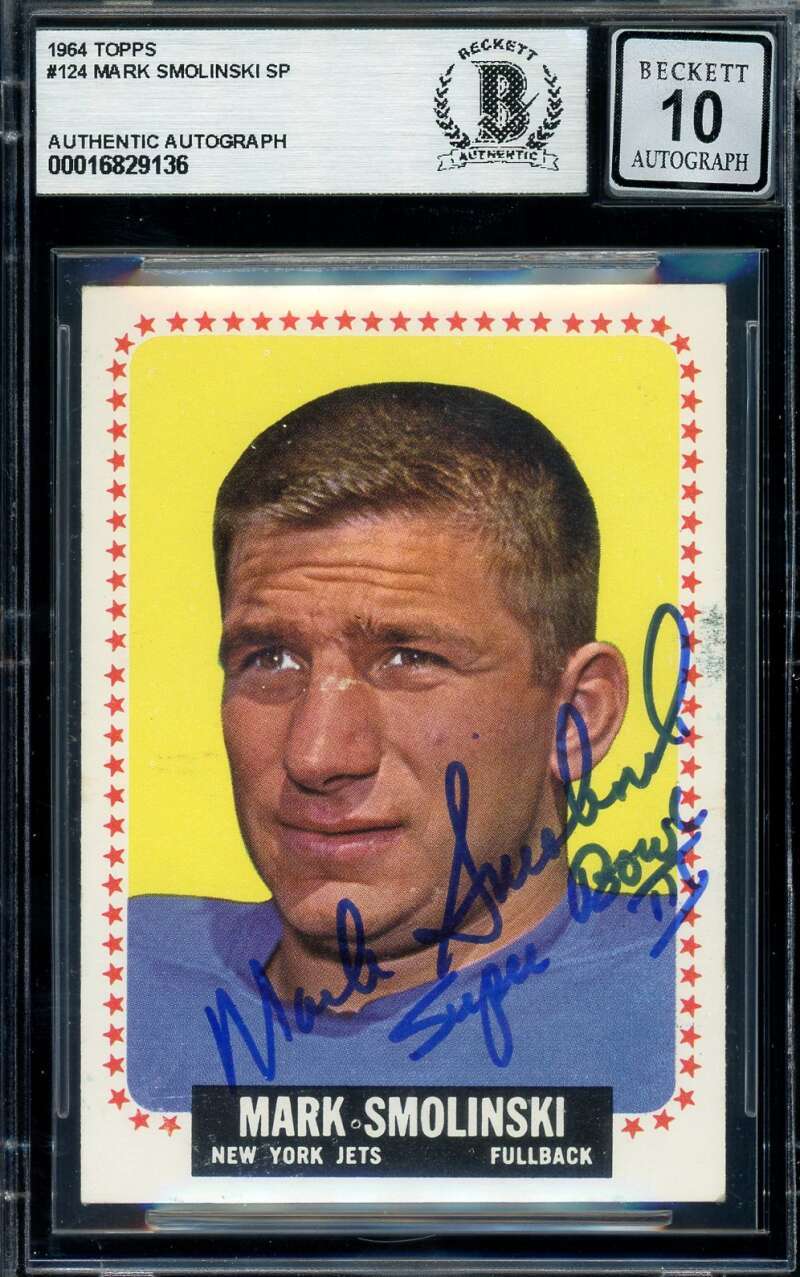Mark Smolinski Gem Mint 10 Beckett BAS Signed Jets 1964 Topps Rookie Autograph