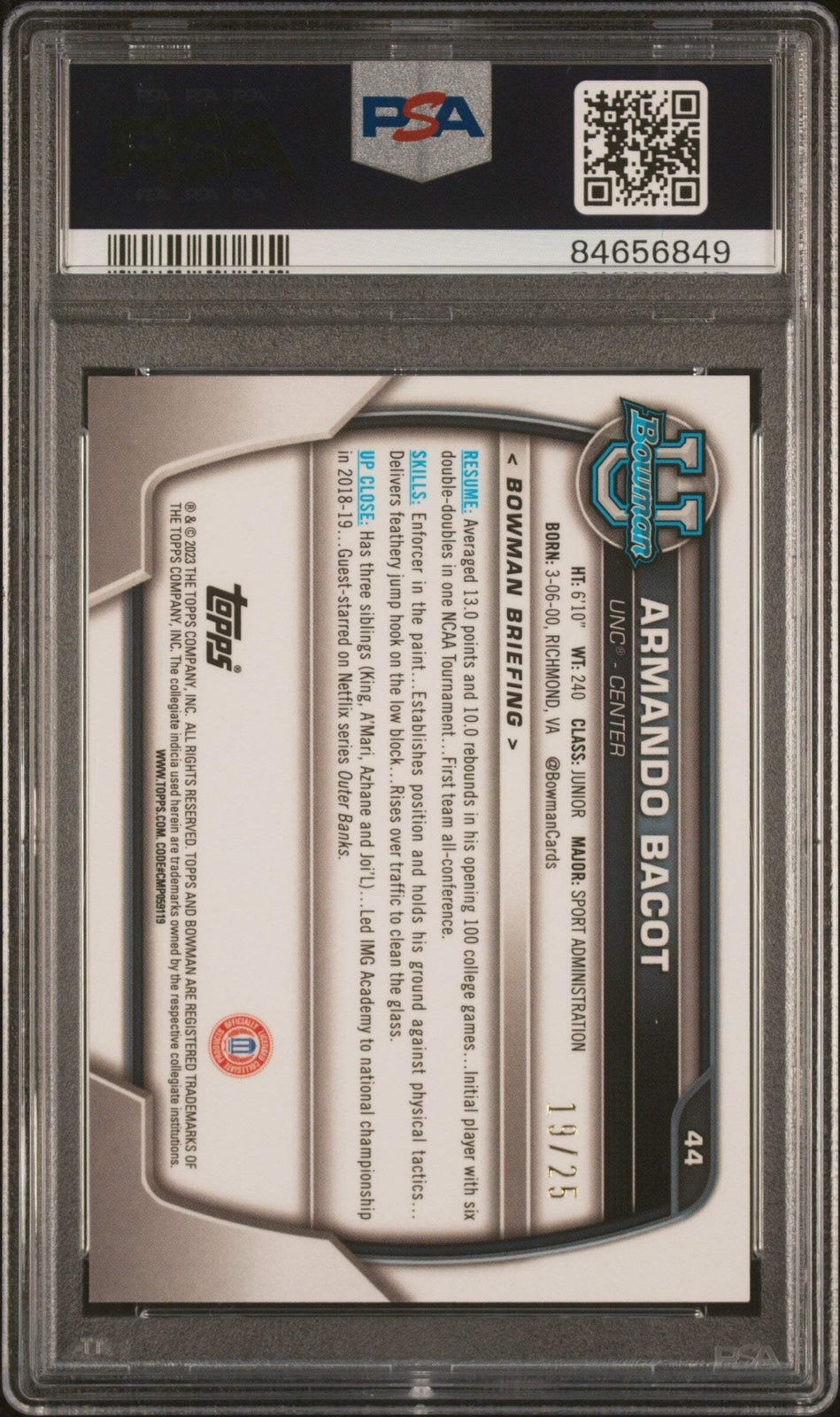 Graded 2022 Bowman U Armando Bacot #44 Orange REF Rookie Basketball Card PSA 10
