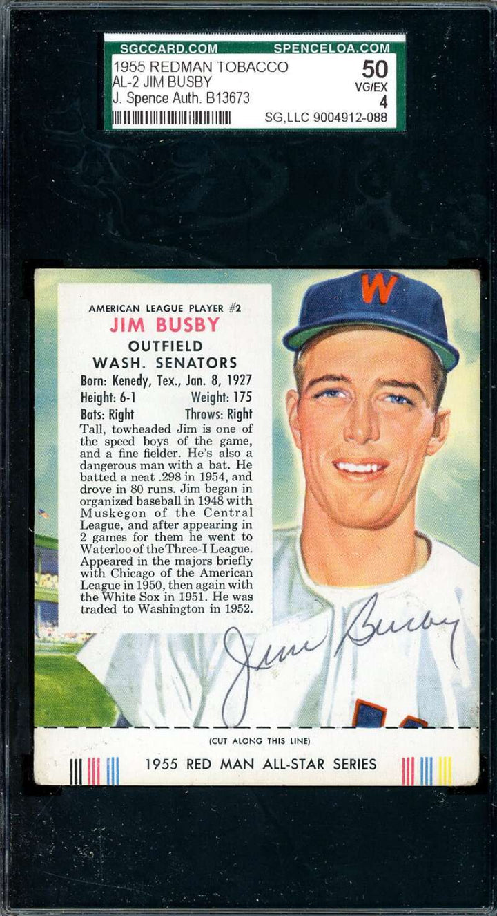 Jim Busby JSA SGC Coa Signed 1955 Red Man Tobacco With Tab Autograph