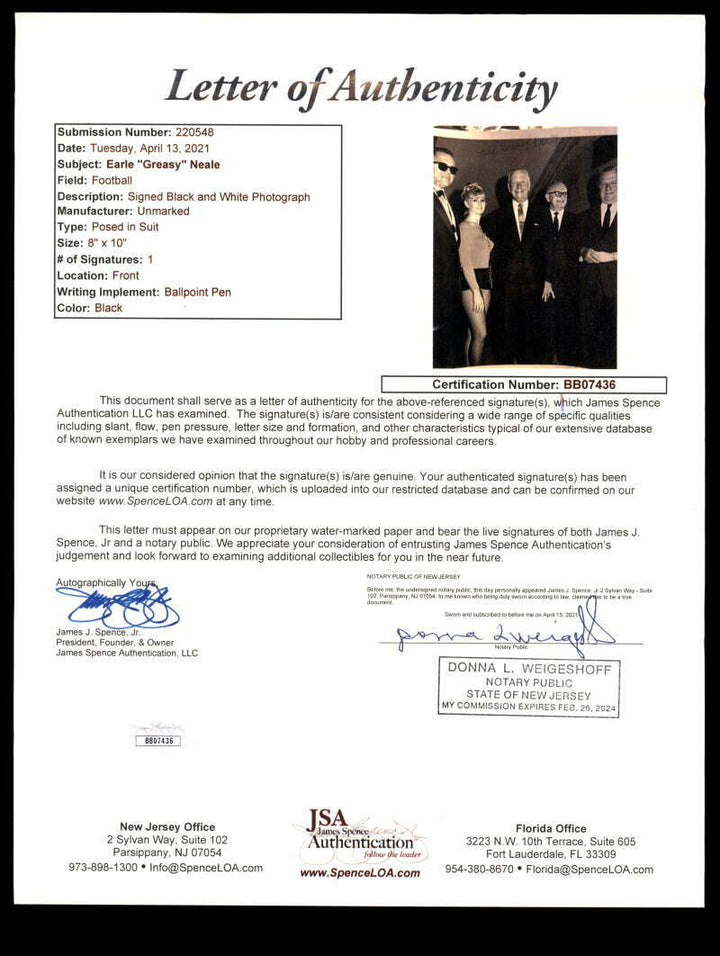 Earl Greasy Neale JSA Signed Coa 8x10 Autograph Photo