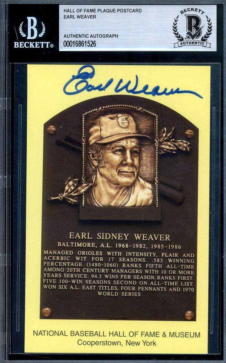 Earl Weaver Beckett BAS Signed Gold Hall of Fame Plaque Autograph