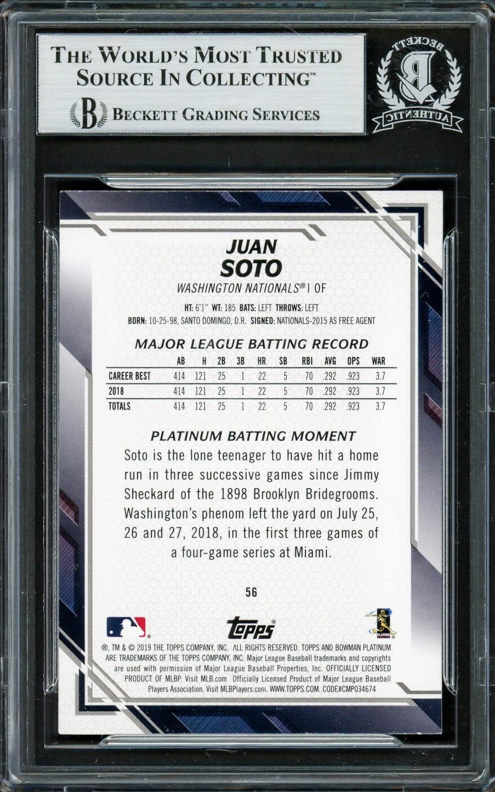 Juan Soto Autographed Signed 2019 Bowman Platinum Card 56 New York Mets Beckett