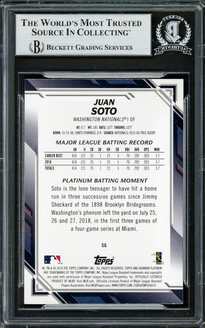 Juan Soto Autographed Signed 2019 Bowman Platinum Card 56 New York Mets Beckett