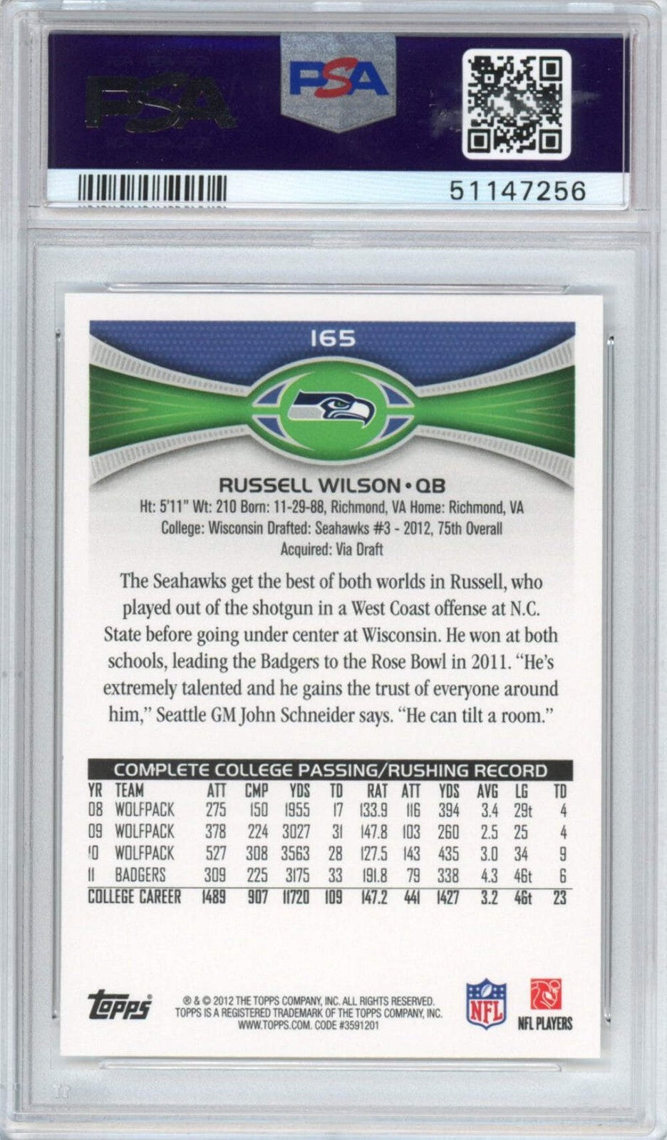 Graded 2012 Topps Russell Wilson #165 Passing Stands Visible Rookie Card PSA 10
