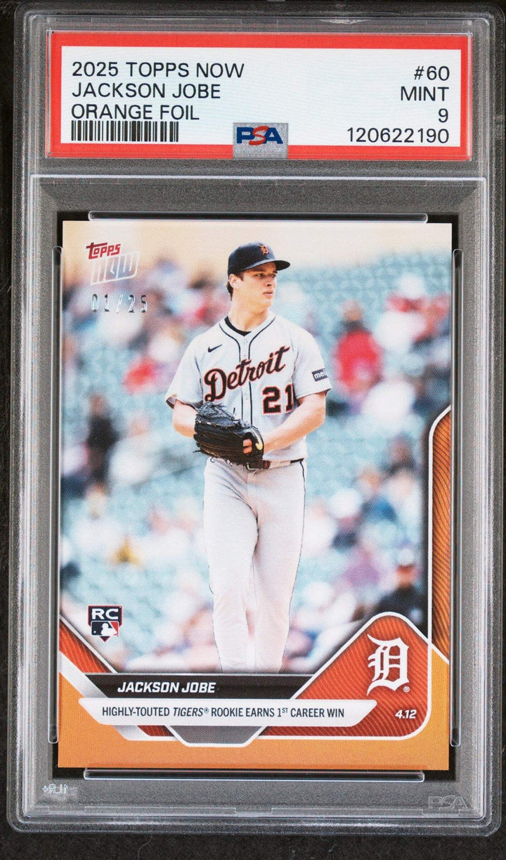 Graded 2025 Topps Now Jackson Jobe #60 Orange Foil /25 RC Baseball Card PSA 9