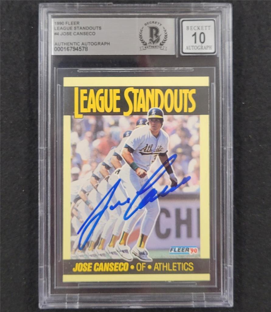 Jose Canseco signed 1990 Fleer League Standouts #4 card 578 Beckett BAS 10 auto