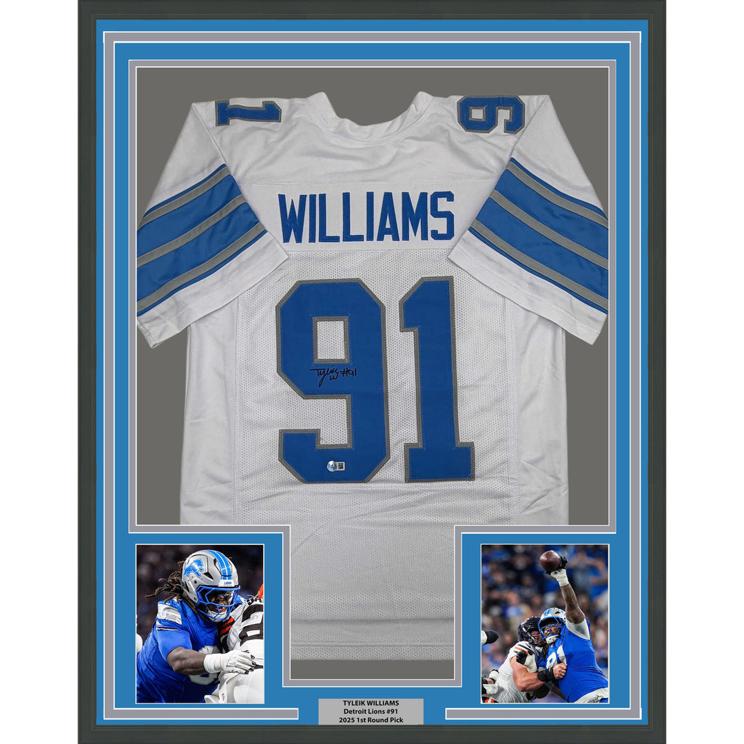 Framed Autographed/Signed Tyleik Williams 35x39 Detroit White Jersey Beckett COA
