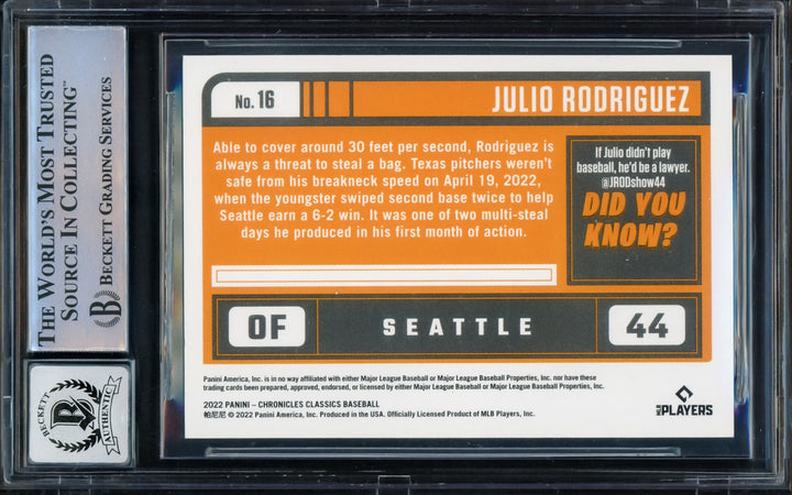 Julio Rodriguez Auto Signed 2022 Panini Chronicles Classics RC 16 Sig 10 Beckett