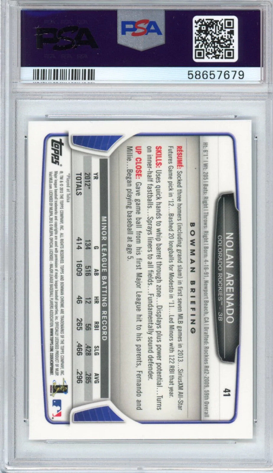 Graded 2013 Bowman Chrome Draft Nolan Arenado #41 Rookie RC Card PSA 10 Mint