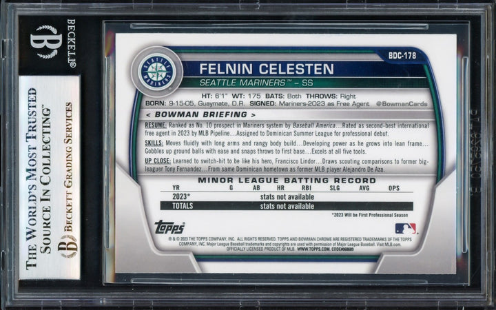 Felnin Celesten Auto Signed 2023 Bowman Chrome Draft RC BDC178 Mariners Beckett