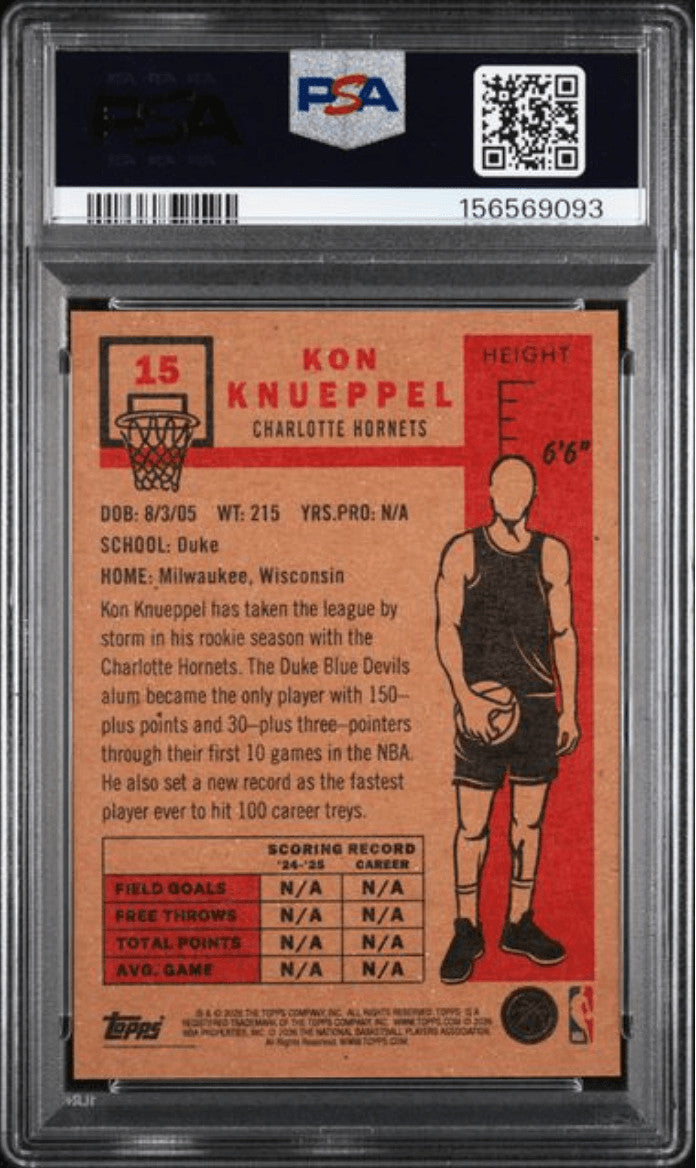 Graded 2026 Topps Living Kon Knueppel #15 Rookie RC Basketball Card PSA 10