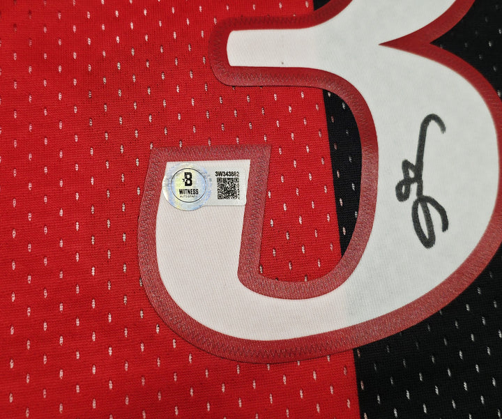 76ers Allen Iverson Auto Black Red Mitchell Ness 2000-01 Swingman Jersey L BAS