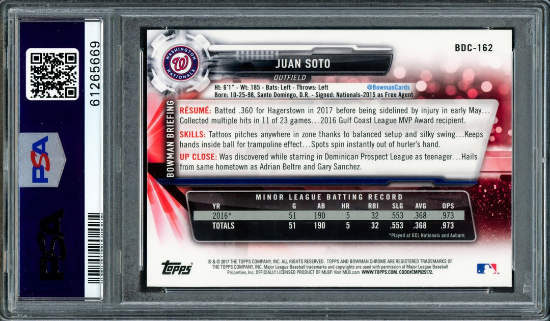 Juan Soto Auto 2017 Bowman Draft Chrome RC BDC162 Mets PSA 10 PSA/DNA #61265669