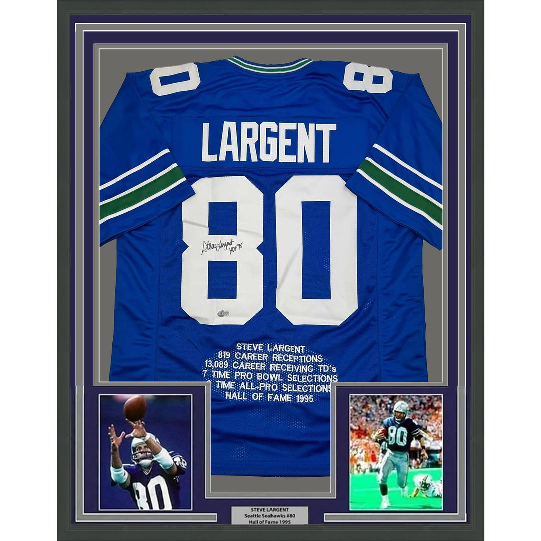 Framed Signed Steve Largent HOF 95 35x39 Seattle Blue Stat Jersey BAS COA