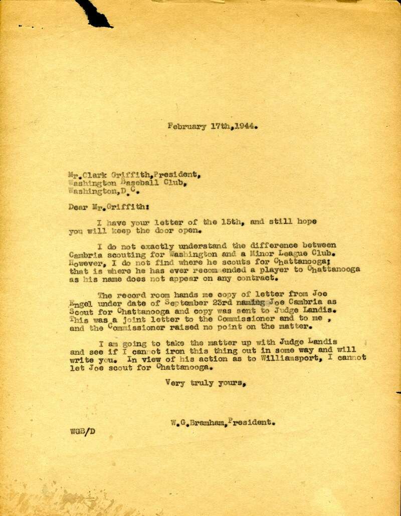 Clark Griffith JSA Coa Signed 1944 Senators Letter Autograph