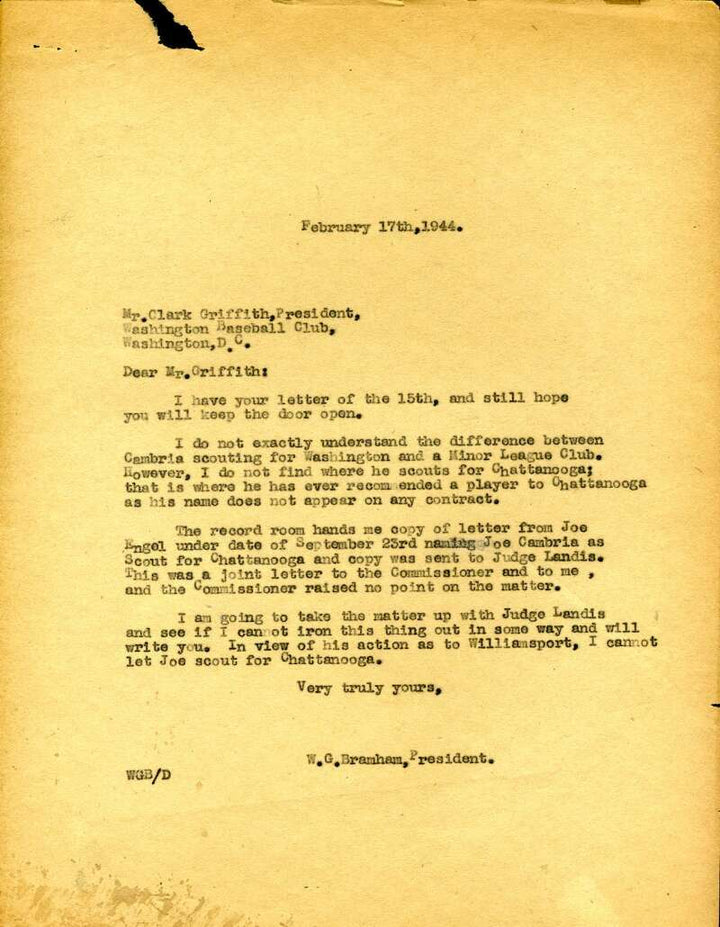 Clark Griffith JSA Coa Signed 1944 Senators Letter Autograph