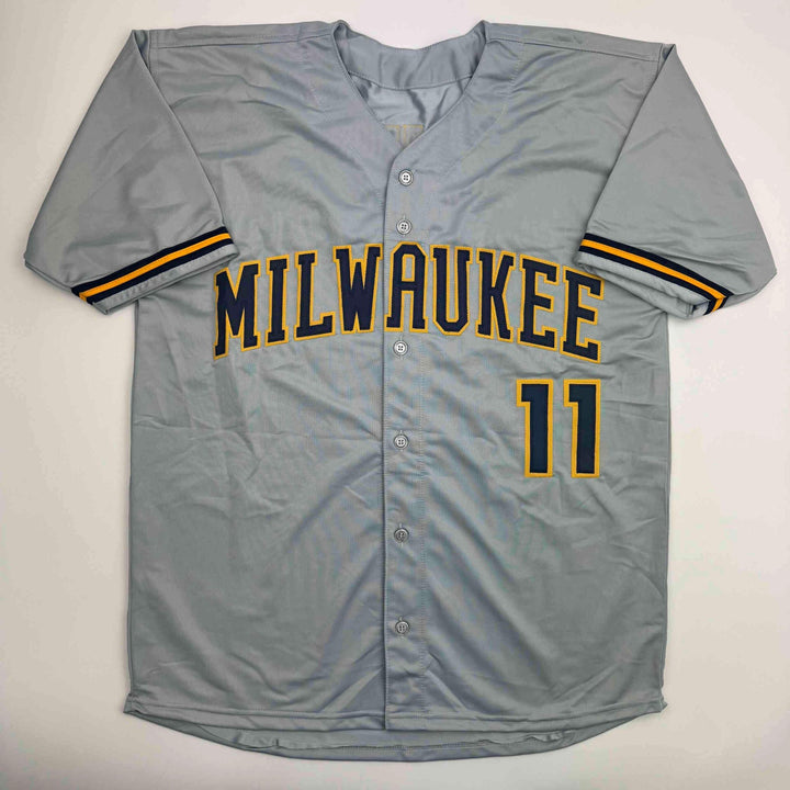 Autographed/Signed Jackson Chourio Milwaukee Grey Baseball Jersey Beckett COA