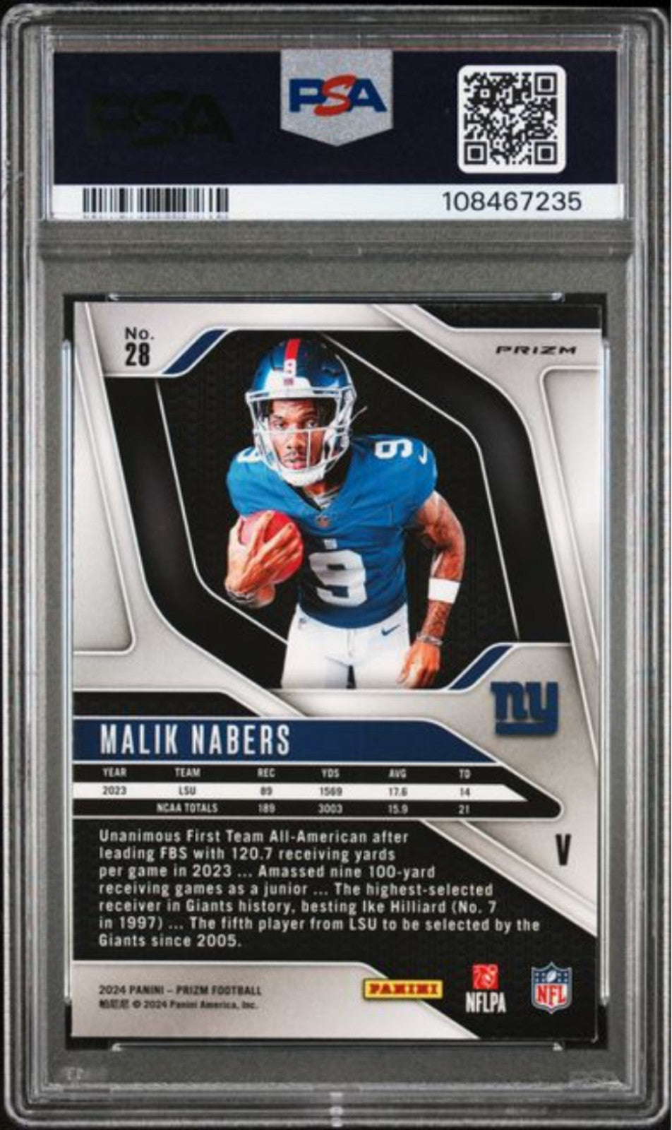 Graded 2024 Panini Prizm Malik Nabers #8 Rookie Variation Rookie RC Card PSA 10