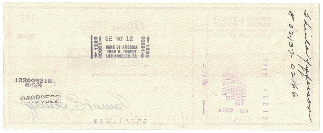 Vin Scully Signed 9/7/1990 First Interstate Bank Check 38912