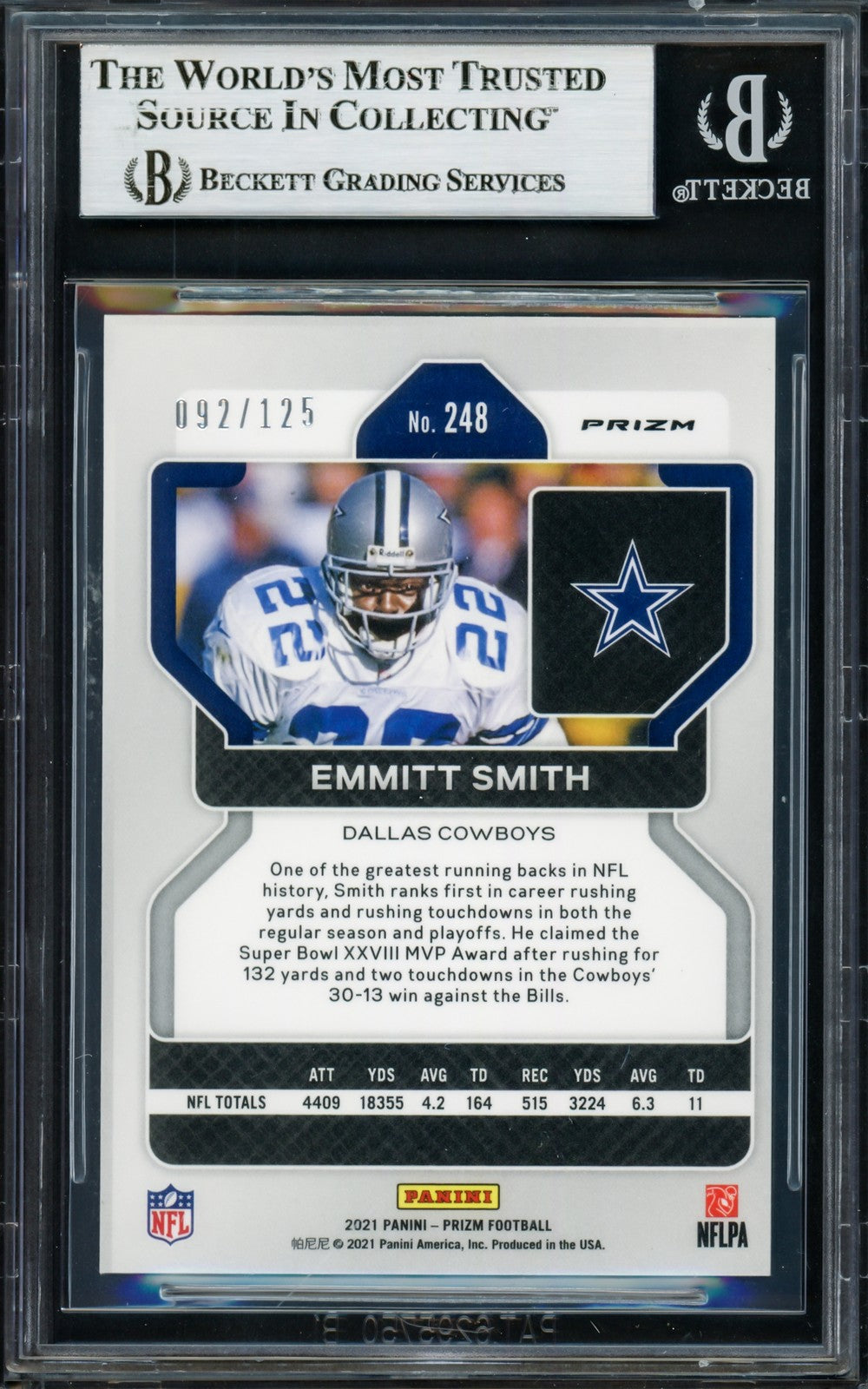 Emmitt Smith Auto Signed 2021 Panini Prizm Prizms Purple Card 248 92/125 Beckett