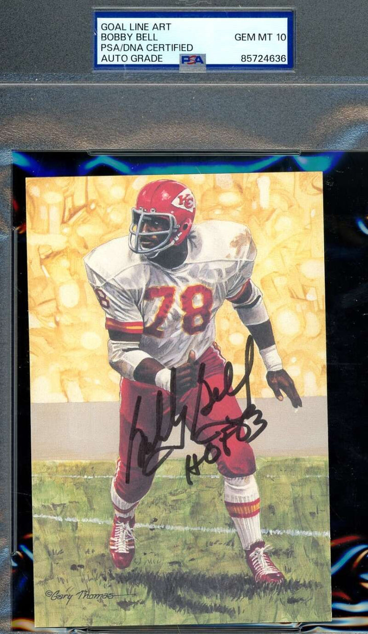 Bobby Bell Gem Mint 10 PSA DNA Signed Goal Line Art Card GLAC Autograph HOF 83