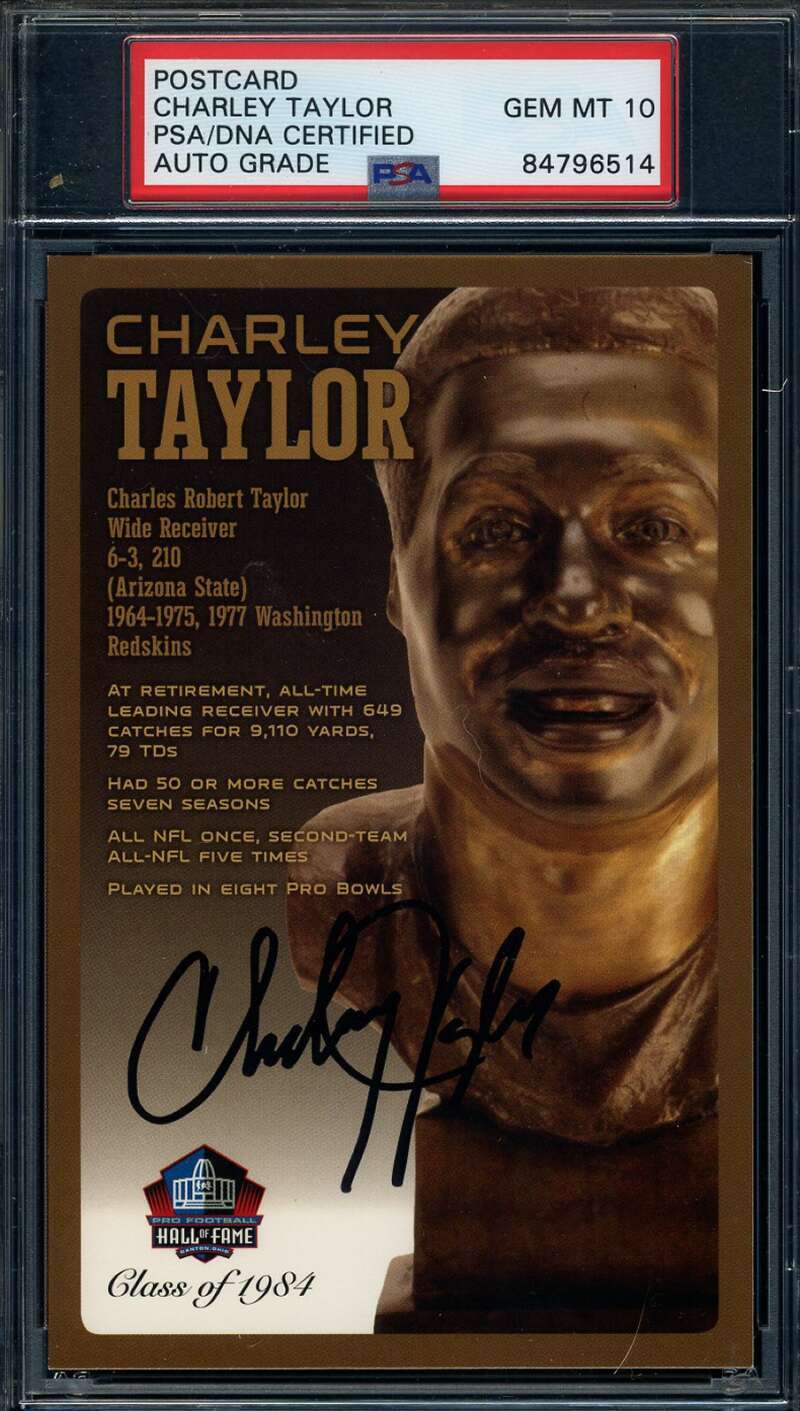 Charley Taylor Gem Mint 10 PSA DNA Signed HOF Bronze Bust Postcard Autograph
