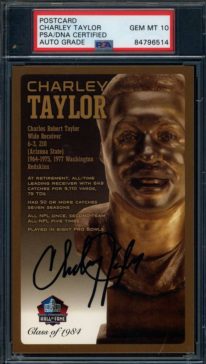 Charley Taylor Gem Mint 10 PSA DNA Signed HOF Bronze Bust Postcard Autograph