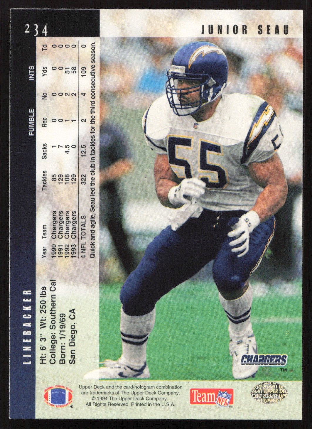 Junior Seau Autographed 1994 Upper Deck Card #234 San Diego Chargers